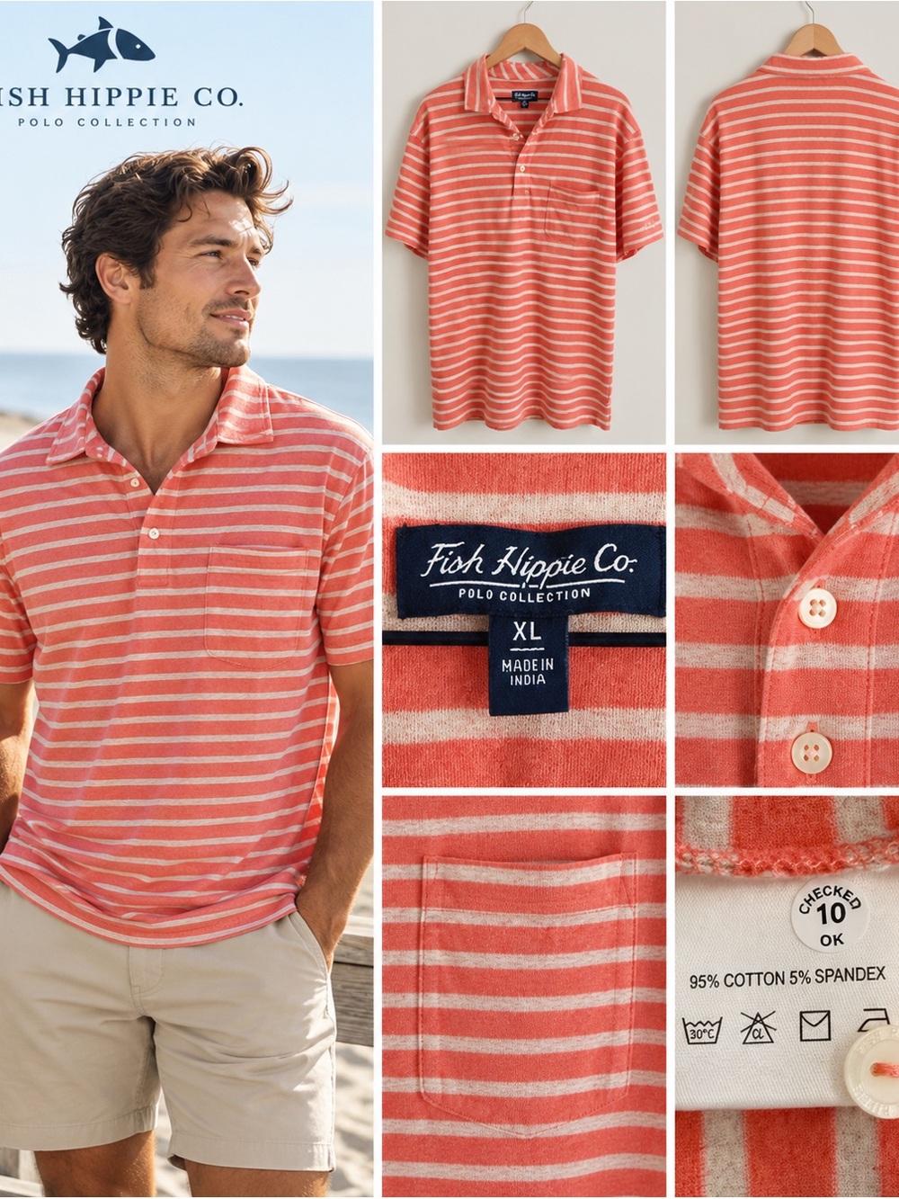 Fish Hippie Co. Polo Collection Coral & White Striped Polo Shirt